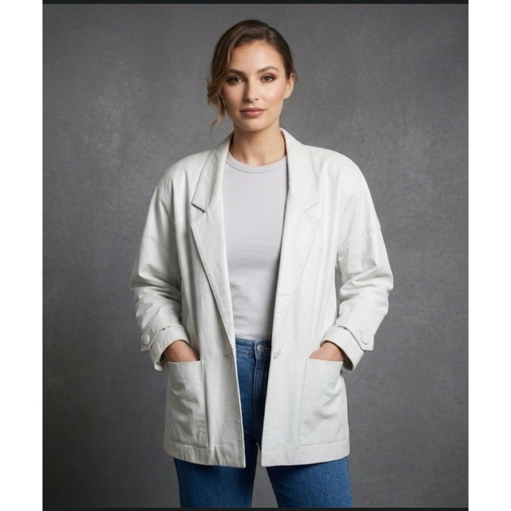 Vintage 80s Avanti White Leather Blazer Jacket - Soft Leather - Oversized M